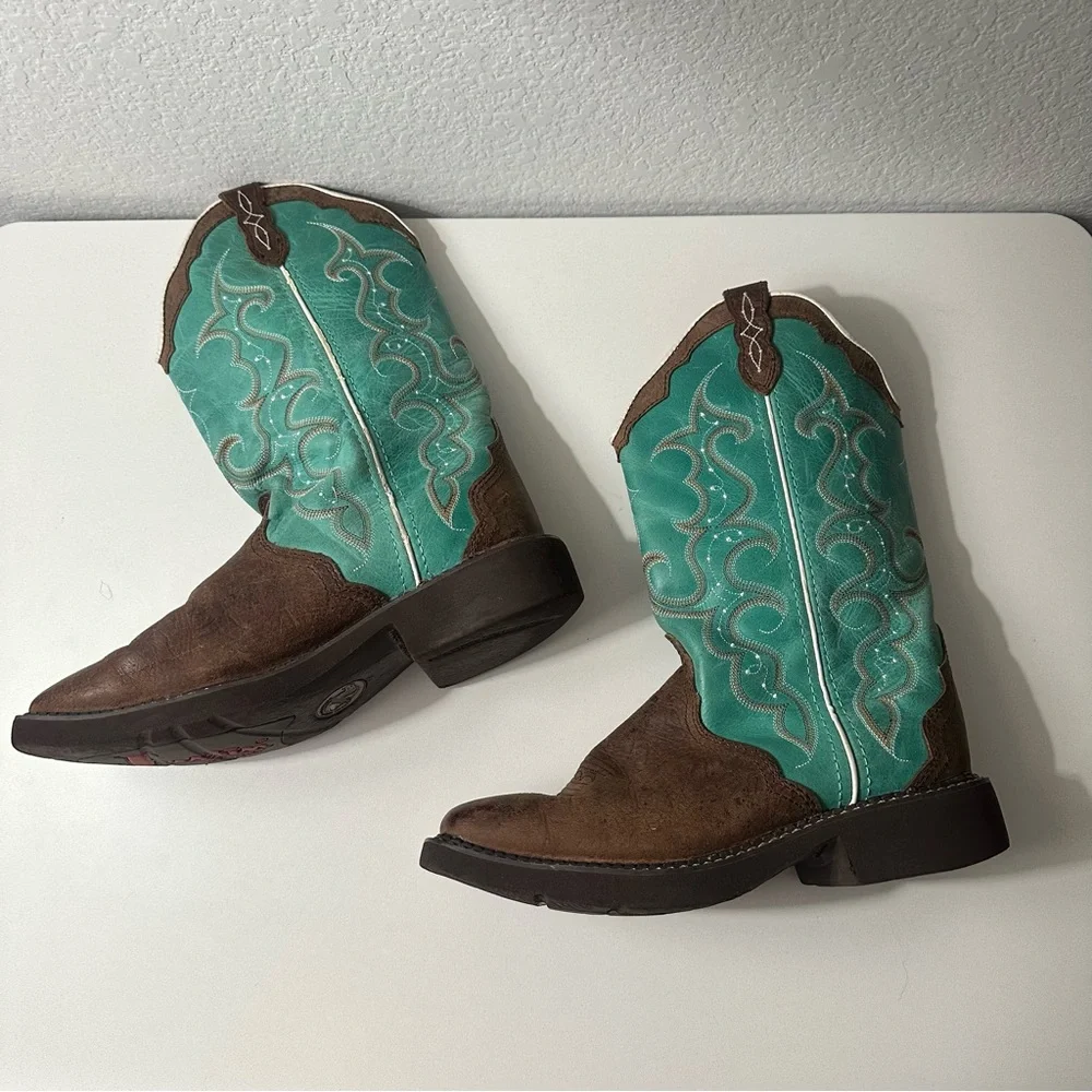 Justin Boots  Brown and Turquoise Western Cowboy Boots